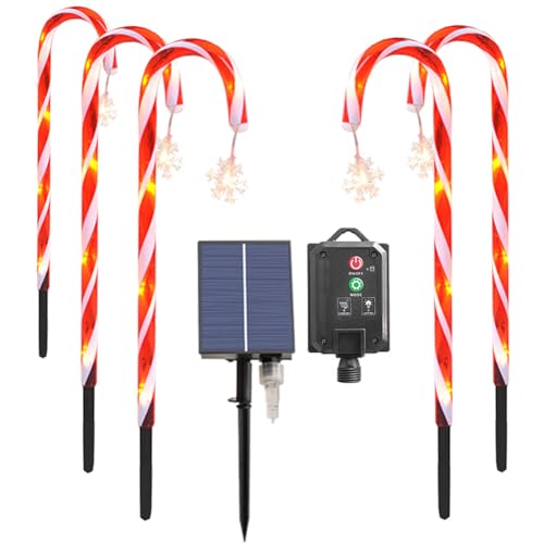 Starnearby 5 Stück Weihnachtsdeko Aussen, Zuckerstangen Beleuchtet Außen Solar, 8 Modi Weihnachtsbeleuchtung Außen mit LED Schneeflocke Lichter, Weinachtsdekorationen für Outdoor, Rasen, Hof, Garten von Starnearby