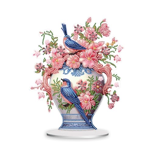 Starnearby DIY Diamond Painting Tisch Deko, 5D Diamant Painting Vase mit Blumen und Vögeln Ornamente, Diamant Malerei Stehend Kunst Set, Festliches Geschenk Hausgeschenk (A) von Starnearby