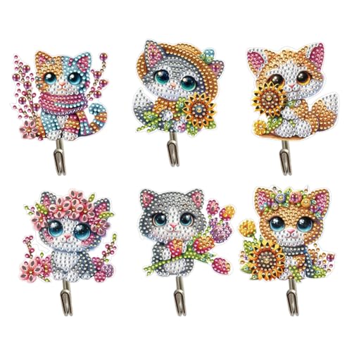 Starnearby Diamond Painting Katze Klebehaken Kinder, 6 Stück Haken Selbstklebend, Wandhaken Selbstklebend, Diamant Painting Haken ohne Bohren, Adhesive Hooks für Badezimmer, Tür, Schrank von Starnearby