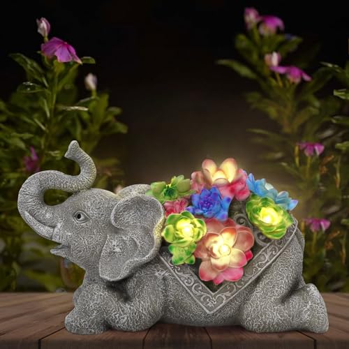 Starnearby Elefanten Gartendeko Solar Gartenfiguren für Draußen Wetterfest, Solar Elefant Figur Gartenstatuen aus Harz, Elefant Deko Solarlampen für Außen, Balkon, Garten, Geschenke für Mama, Frauen von Starnearby