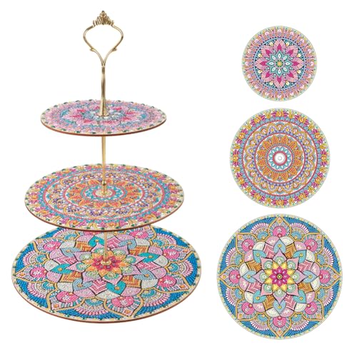 Starnearby Essen Tablett 3 Etagen, Diamond Painting Serviertablett, Diamant Malerei Mandala Tablett, Nachmittagstee-Dessert Dekotablett für Hochzeit Geburtstag Tea Party, Geschenke für Frauen (J) von Starnearby