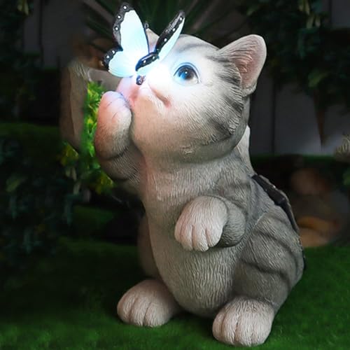 Starnearby Gartendeko Katze Deko Gartenfiguren mit Solar Laterne, Wetterfest Solarlampen für Außen, Balkon, Garten, Katze Top Schmetterling Gartenstatuen, Geschenke für Mama, Frauen, Männer, Grau von Starnearby