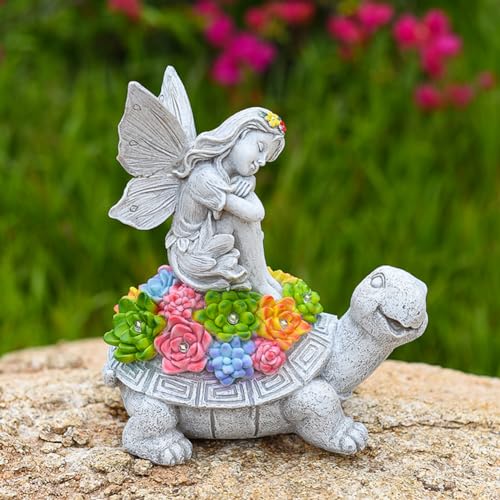 Starnearby Gartendeko Schildkröte Deko für Draußen mit Solar Laterne, Solar Wetterfest Gartenfiguren für Außen, Balkon, Garten, Schildkröte mit Engel Gartenstatuen, Geschenke für Mama, Frauen, Männer von Starnearby