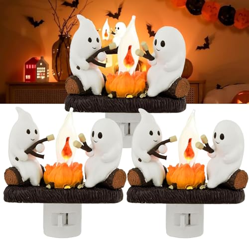 Starnearby Ghost Campfire Flickering Night Light, Halloween Ghost Nachtlicht Steckdose, 3D Flammenlose Elektrische Kerzen, Flackernder Docht Ghost Campfire Nightlight, Halloween Decoration (3Pcs A) von Starnearby