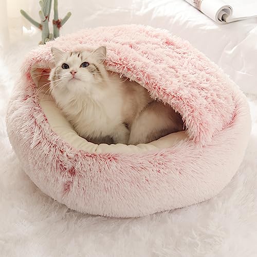 Starnearby Flauschiges Katzenbett Rund, Waschbar Warmer Plüsch Kuschelhöhle Katze, Höhle mit Kapuze, Katzen Schlafplatz, Haustierbett für kleine/mittelgroße Hunde und Katzen, Rosa 40cm von Starnearby