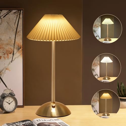 Starnearby LED Tischlampe Kabellos, Touch Dimmbar Akku Tischleuchte 3 Farbtemperatur, Vintage Plissee Metall Kleine Tischlampe für Schlafzimmer, Büro, Nachttisch (Beige + Braune Basis A) von Starnearby