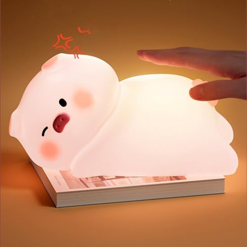 Starnearby Nachtlicht Kinder Stilllicht, Cute Schwein Lamp Dimmbar Silikon Nachtlamp Baby, LED Touch USB Aufladbar Nachttischlampe, Pig Nachtlicht für Kinderzimmer Deko, Mädchen Junge Geschenke von Starnearby