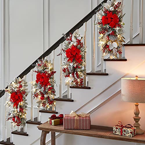 Starnearby Türkranz Weihnachts Girlande mit Lichter Künstlicher Kranz für Haustür、Treppe und Kamin Weihnachtsdekoration 50 * 25CM(Rot) von Starnearby