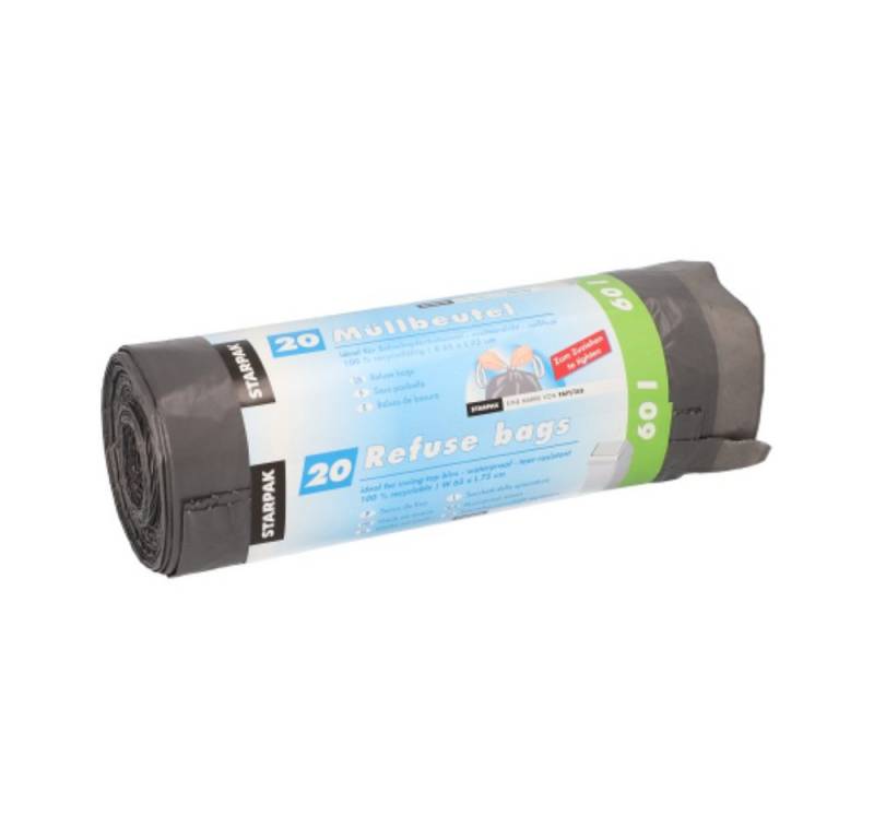 Starpak Müllbeutel 20 Müllsäcke mit Zugband, LDPE 60 l 75 cm x 65 cm grau von Starpak