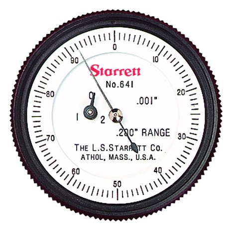 Starrett 641 Messuhr ohne Schaft, 0,9 cm Vorbau Dia., Rückseite Plunger, weißes Zifferblatt, 0–100 Lesen, 4,2 cm Zifferblatt Dia., 0–0,5 cm Reihe, 0 cm Graduation von Starrett