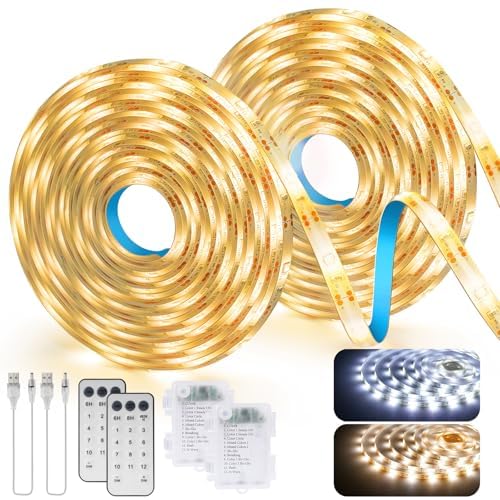 2 Stück LED Streifen Batterie, 3M 90LED kabellose LED Strip 2700K Warmweiß-6000K Kaltweiß mit Fernbedienung, Selbstklebende Lichtleisten, Timer, für Regale, Schubladen, Garderoben, Schlafzimmer von StarryEver