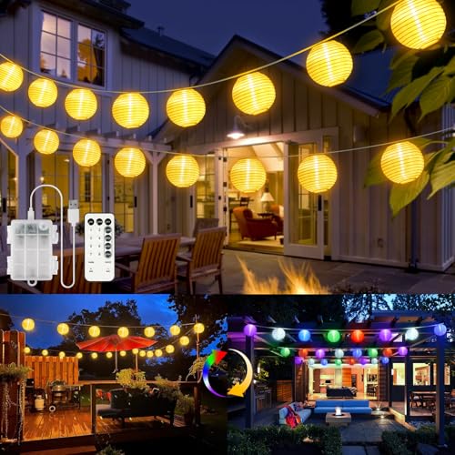 StarryEver LED Lampions Lichterkette Außen Batterie & USB, Warmweiß und Bunt 20 Modi Lampion Lichterkette mit Fernbedienung, 12M 40 LED Chinesische Laternen Beleuchtung Draußen für Balkon Garten Hof von StarryEver