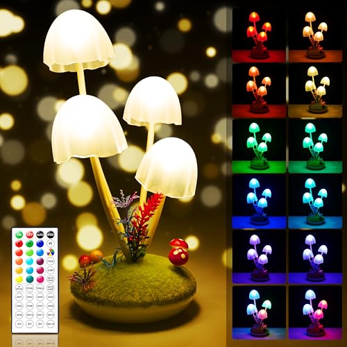 StarryEver Pilz Nachtlicht Kinder, LED Nachttischlampe Warmweiß & Bunt, 22 Farben & 19 Lichteffekte Klein Tischlampe Stilllicht Dimmbar mit Fernbedienung Timer, USB Aufladbar, für Kinderzimmer Zimmer von StarryEver