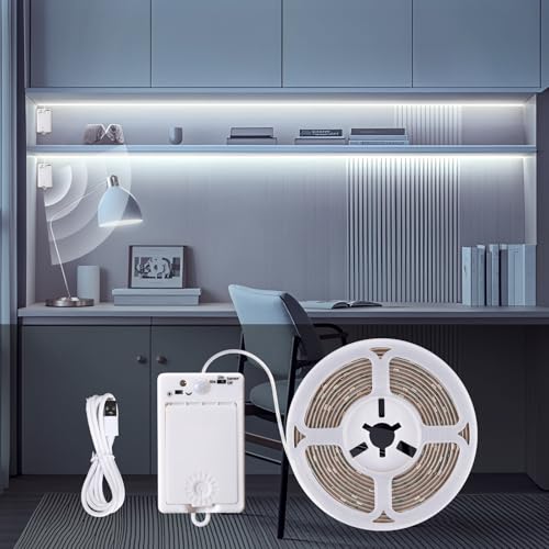 StarryEver LED Strip Bewegungsmelder mit Batterie Wiederaufladbares, 3M 90 LED Strips, Kaltweiß 6000K LED Band Bewegungssensor mit 2 Modi, LEDs Streifen Batterie für Schränke Treppen Küche Betten von StarryEver
