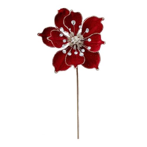 Künstliche Magnolien-Blumen-Dekorationen für Weihnachtsbaum und Ferienwohnkultur mit Flanell- und Acryl-Konstruktion, stabile Eisendraht-Stiele für lange Lebensdauer (rot) von Startbuymore