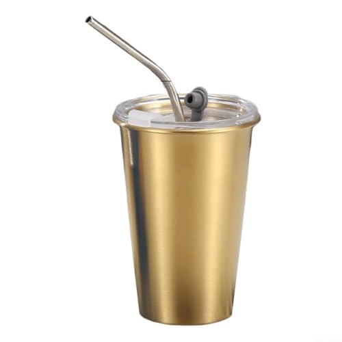 Reisefreundlicher Kaffeebecher aus 304 Edelstahl mit auslaufsicherem Deckel und Strohhalm, geeignet für den Innen- und Außenbereich, Wandern, Camping und Pendeln (Gold 500 ml) von Startbuymore