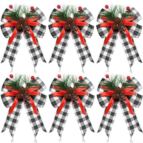Set mit 6 Weihnachtsschleifen mit Tannenzapfen und Tannennadeln, Banddekorationen für Weihnachtsbaum, Kranz, Verpacken und Basteln (schwarz und weiß) von Startbuymore