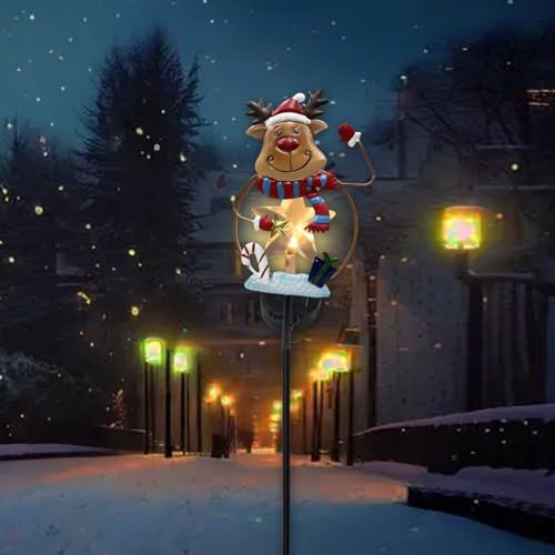 Solarbetriebene Weihnachtsmann-Gartenleuchte mit Metallrahmen und Urlaubsdesign für Wegbeleuchtung im Freien (Eisen-Rentier) von Startbuymore