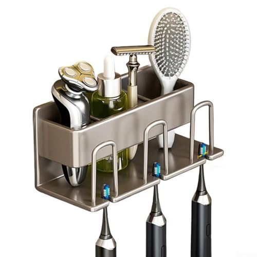 Wandmontierter Zahnbürstenhalter aus Metall mit Zahnpasta-Halter und Becher, kein Bohren, platzsparendes Regal für Badezimmer und elektrische Zahnbürsten, Kompatibilität (schwarz, drei (drei Gu (keine von Startbuymore
