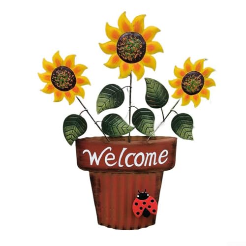 Willkommensschild für den Außenbereich mit Metall-Blumentopf und Sonnenblumen-Motiv für Hof, Terrasse, Veranda oder Innenhof, wetterbeständiges Eisenmaterial für Langlebigkeit (rot) von Startbuymore