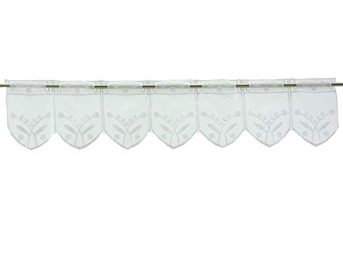Startex Scheibengardine Blume/Blätter weiß Bestickt | Bistrogardine transparent | Breite frei wählbar in 10,5cm Abschnitte | nach Maß | individuell bestellbar | (Höhe 15cm) von Startex
