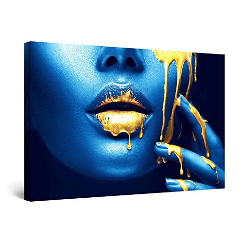 Startonight Bilder - Blaugold Metallisches Gesicht - Leinwandbilder Moderne Kunst, Wanddeko Kunstdrucke, Wandbilder XXL 80 x 120 cm, Tag Nacht Bild von Startonight