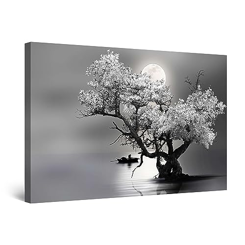 Startonight Bilder Schwarz-weiße Dekor Blumenbaum und Mond, Leinwandbilder Moderne Kunst, Natur Wanddeko Kunstdrucke, Wandbilder 80 x 120 cm, Tag Nacht Bild von Startonight