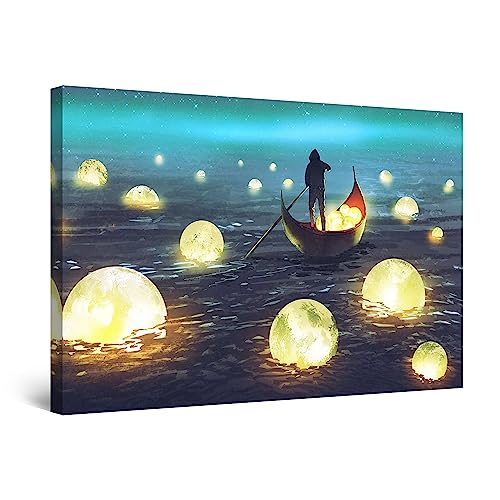 Startonight Bilder Ich Werde einen Mond für dich Fischen - Leinwandbilder Moderne Kunst - Abstrakte Wanddeko Kunstdrucke, Wandbilder XXL Wohnzimmer Groß Wand Bild 80 x 120 cm, Tag Nacht Effekt von Startonight