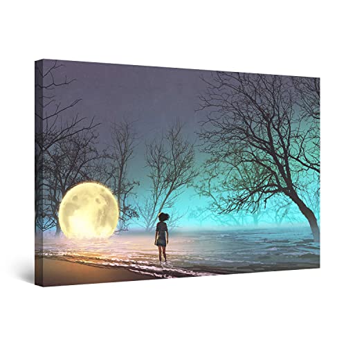 Startonight Bilder Mädchen Mond Wasser und Bäume Fantasie - Leinwandbilder Moderne Kunst - Abstrakte Wanddeko Kunstdrucke, Wandbilder XXL Wohnzimmer Groß Wand Bild 80 x 120 cm, Tag Nacht Effekt von Startonight