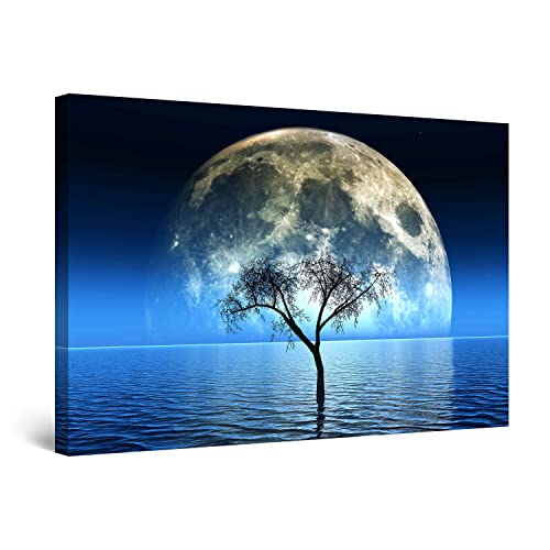 Startonight Bilder - Mond und Blauer Ozean - Leinwandbilder Moderne Kunst, Wanddeko Kunstdrucke, Wandbilder XXL 80 x 120 cm, Tag Nacht Bild von Startonight