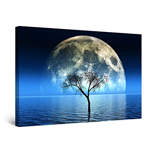 Startonight Bilder - Mond und Blauer Ozean - Leinwandbilder Moderne Kunst, Wanddeko Kunstdrucke, Wandbilder XXL Wohnzimmer Groß Wand Bild 80 x 120 cm, Tag Nacht Effekt, Elegante Geschenkidee Deko von Startonight