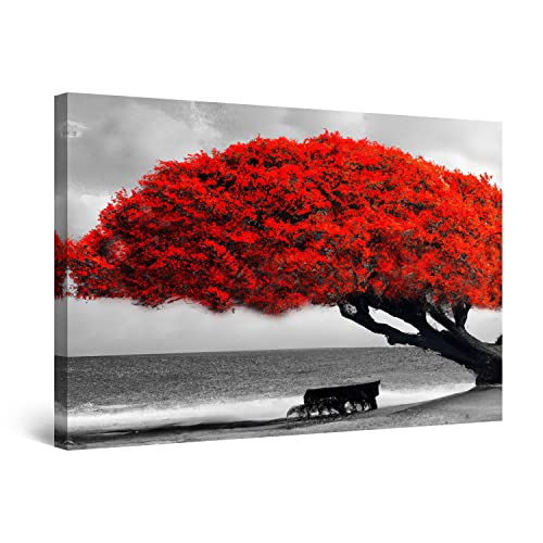 Startonight Bilder Rote Baumbank - Leinwandbilder Moderne Kunst - Abstrakte Wanddeko Kunstdrucke, Wandbilder XXL Wohnzimmer Groß Wand Bild 80 x 120 cm, Tag Nacht Effekt, Elegante Geschenkidee Deko von Startonight