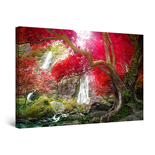 Startonight Bilder Roter Baum und Wasserfall - Leinwandbilder Moderne Kunst - Landschaft Wanddeko Kunstdrucke, Wandbilder XXL 80 x 120 cm, Tag Nacht Bild von Startonight