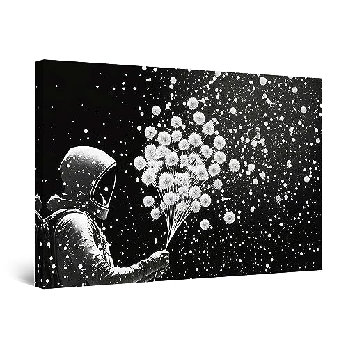 Startonight Bilder Schwarz-weiße Astronaut und Blumen, Leinwandbilder Moderne Kunst, Natur Wanddeko Kunstdrucke, Wandbilder 80 x 120 cm, Tag Nacht Bild von Startonight
