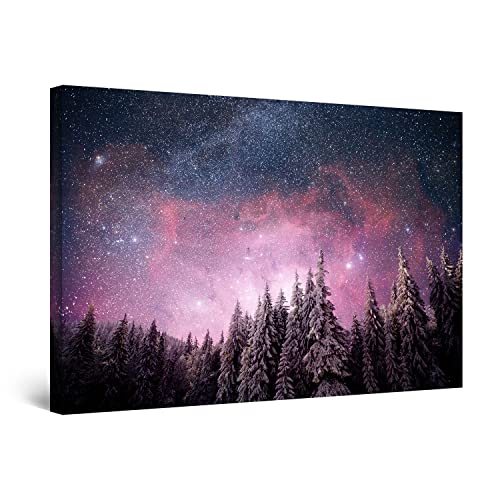 Startonight Bilder Sternenklarer Purpurroter Himmel über Tannenbäumen - Leinwandbilder Moderne Kunst - Wald Wanddeko Kunstdrucke, Wandbilder 60 x 90 cm, Tag Nacht Bild von Startonight