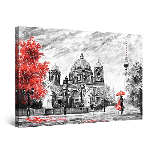 Startonight Bilder Straßenansicht von Berlin Schwarz Weiß und Rot - Leinwandbilder Moderne Kunst - Städtisch Wanddeko Kunstdrucke, Wandbilder XXL Wohnzimmer Groß Wand Bild 80 x 120 cm, Tag Nacht von Startonight