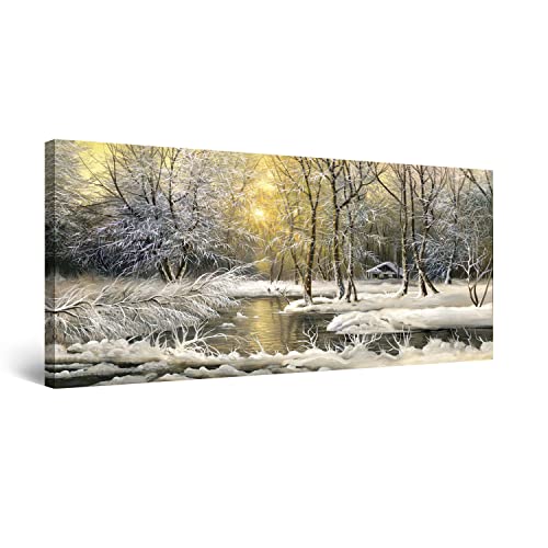 Startonight Bilder Winter auf dem See, Leinwandbilder Moderne Kunst, Landschaft Wanddeko Kunstdrucke, Wandbilder 60 x 120 cm, Tag Nacht Bild von Startonight