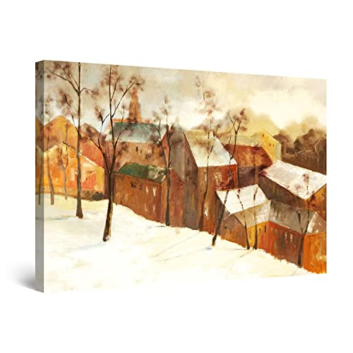 Startonight Bilder Winterdorf Brown Landschaft, Gerahmtes Wand-Dekor, Leinwandbilder Moderne Kunst, Abstrakte Wanddeko Kunstdrucke, Wandbilder XXL 80 x 120 cm, Tag Nacht Bild von Startonight