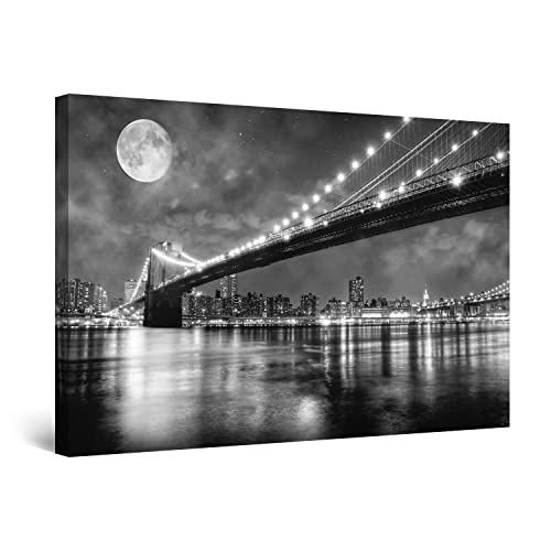 Startonight Leinwandbilder Schwarz und Weiß Brooklyn Brücke, Doppelansicht Überraschung Modernes Dekor Kunstwerk Gerahmte Wand Kunst Ursprüngliche Fertig zum Aufhängen Schlafzimmer 60 x 90 cm von Startonight