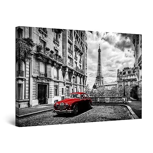 Startonight Leinwandbilder Schwarz und Weiß Das rote Auto in Paris, Doppelansicht Überraschung Modernes Dekor Kunstwerk Gerahmte Wand Kunst Ursprüngliche Wohnzimmer Groß Wand Bild 80 x 120 cm von Startonight