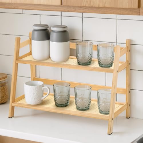 Starvortex 2 Tiers Küchenregal Klein, Natürlich Bambus Küchenorganizer Gewürzregal Holz, Rattan Regal Holzregal Klein, Regal Küchenregal Arbeitsplatte, Tischregal Küchen Accessoires (40×18×29cm) von Starvortex