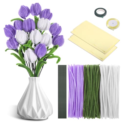 Starvortex 320stk Pfeifenputzer zum Basteln Blumen, Lila Tulpen Pfeifenreiniger Bastelset mit Floristenkrepp, 30cm Flexibel Verdickt Chenilledraht, Pipe Cleaner Bastelset für DIY Dekorieren von Starvortex