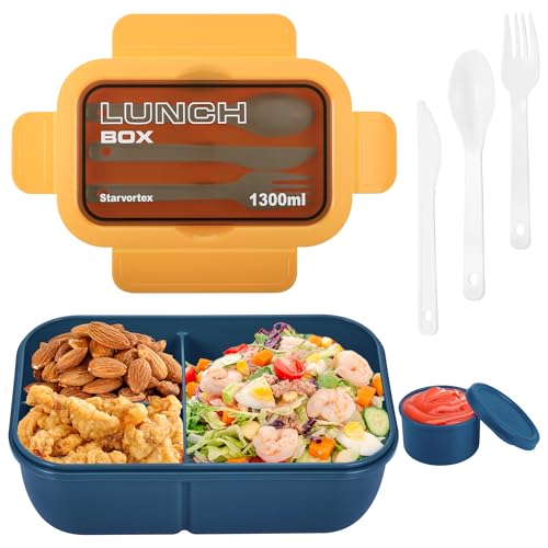Starvortex Brotdose mit Fächern, Hitzebeständig Brotbox Schule, Tragbar Brotdose für Kinder, Auslaufsicher Brotbox Jungen Schule, Langlebig Brotbüchse Kinder mit Besteck & Soßenpfanne (Blau) von Starvortex
