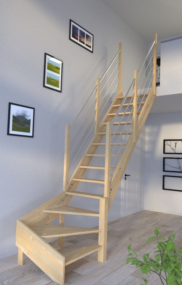 Starwood Raumspartreppe Holztreppe Korfu ¼ gewendelter Ausführung rechts-Holz-Edelstahl von Starwood