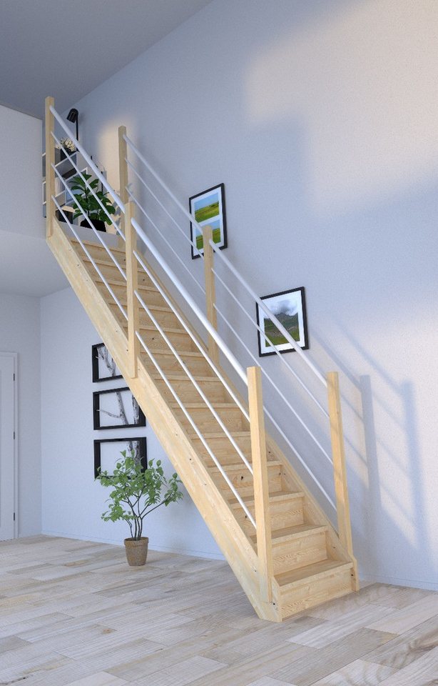 Starwood Raumspartreppe Holztreppe Korfu gerade-Holz-Edelstahl Geländer weiß-beidseitig-mit von Starwood