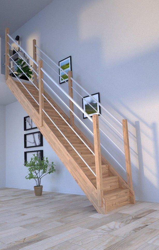 Starwood Raumspartreppe Holztreppe Mykonos Gerade-Eiche-Holz-Edelstahl Geländer von Starwood