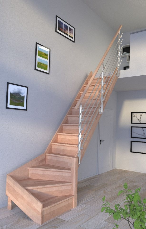 Starwood Raumspartreppe Holztreppe Rhodos in ¼ gewendelter Ausführung rechts-Buche-Design von Starwood
