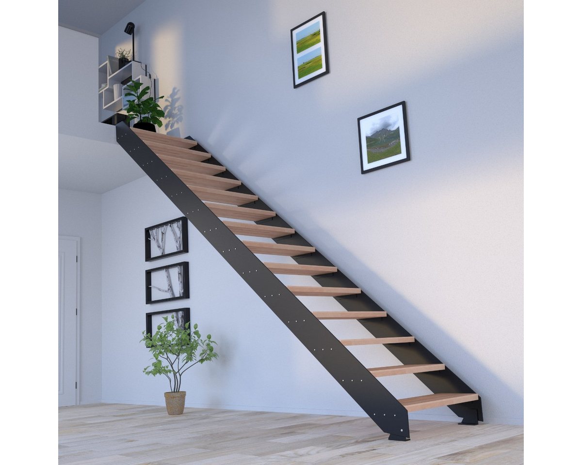 Starwood Raumspartreppe Stahltreppe KOS in schwarz (Buche lackiert) ohne Geländer und 7 Stufen von Starwood