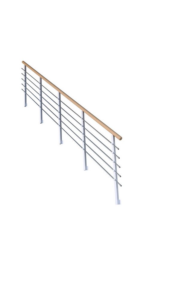 Starwood Treppengeländer Treppengeländer Modell Kos Gerade-13 Stufen-Metall-Eiche-Weiß RAL 9003 von Starwood