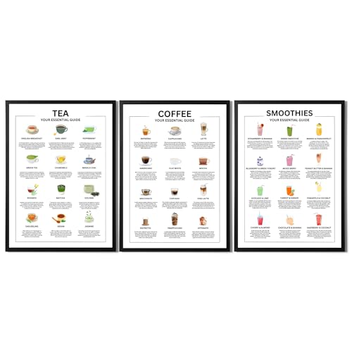 State Media Vision Tea, Coffee and Smoothie Essential Guides – Set mit 3 Küchen-Wandkunst, Getränkebeschreibungen, Poster – verschiedene Größen (nur A4-Druck) von State Media Vision